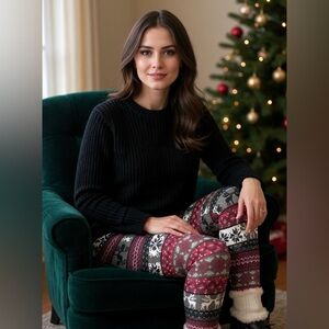 Holiday Two Piece Outfit M Black Sweater & Reindeer Leggings